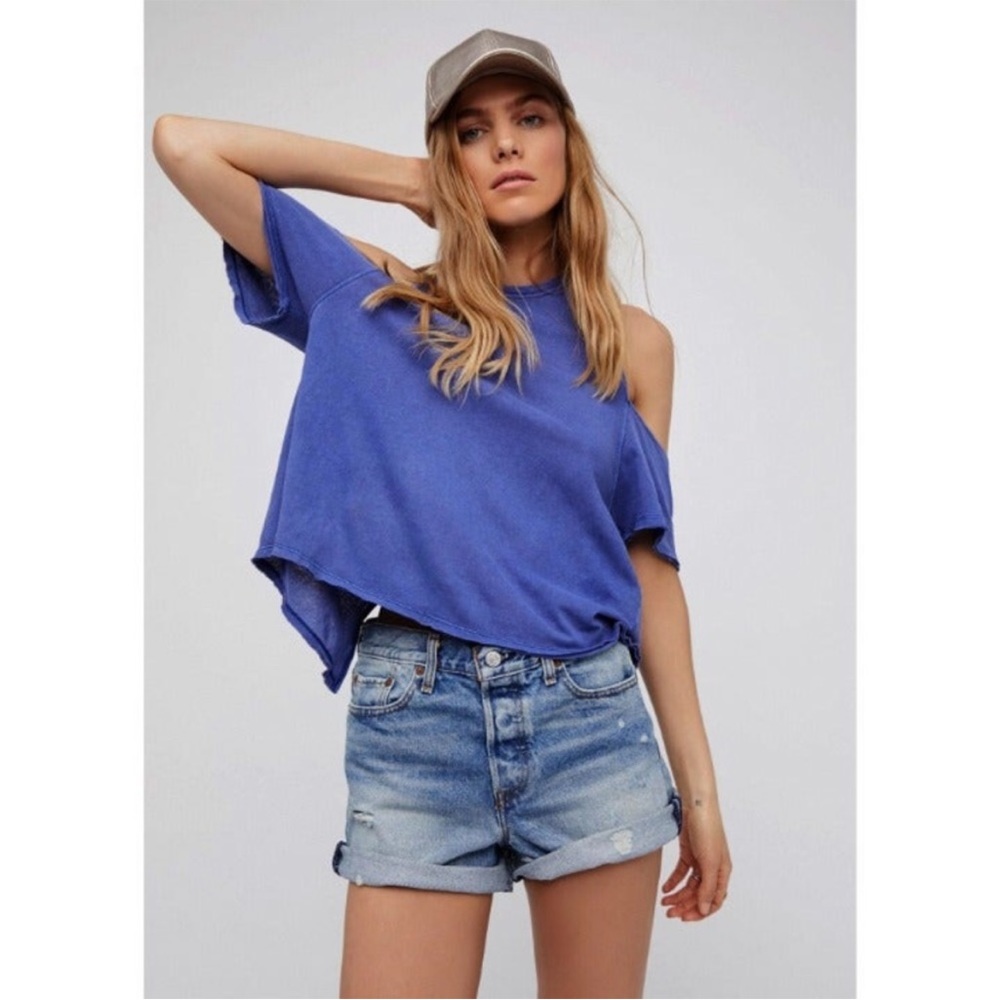 Free People blue indigo open cross back crewneck pullover cotton blend tank top